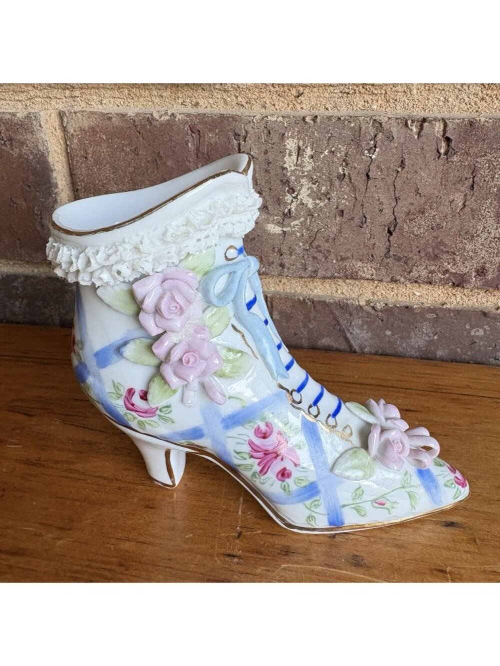 Vintage Porcelain Victorian Shoe Blue White Pink Roses With Lace Gold Gilt